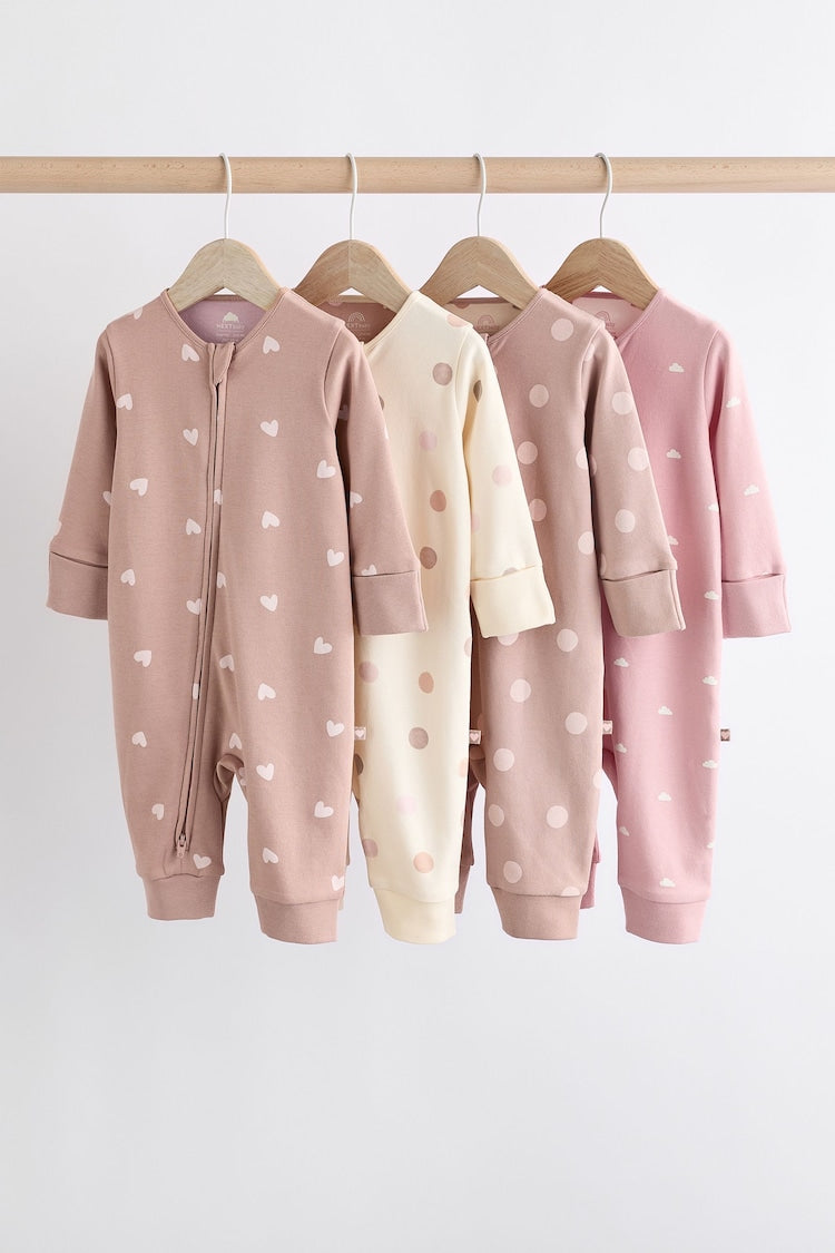 Brown & Pink 4-Pack Two-Way Zip Cotton Baby Sleepsuits
