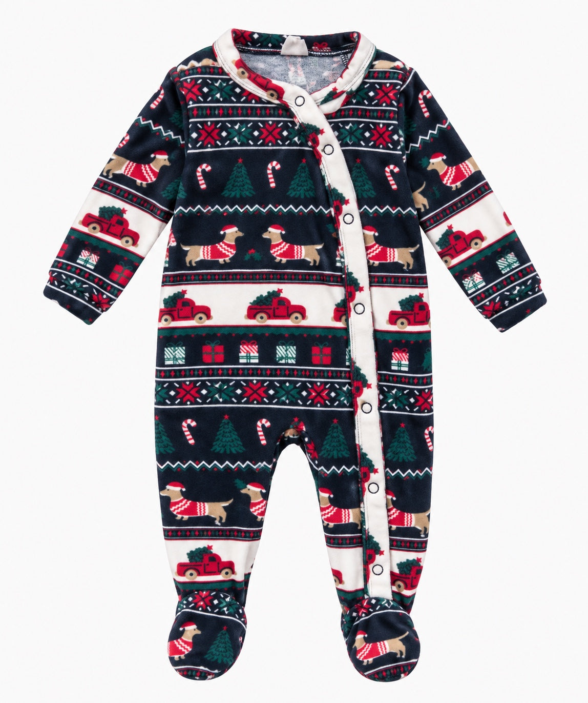 MO Fashion Baby Christmas Dog Print Footed Sleepsuit – Navy
