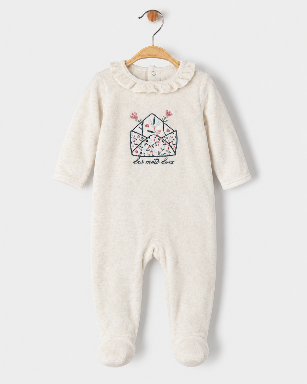 Gémo Baby Girls’ Floral Envelope Velour Sleepsuit – Cream