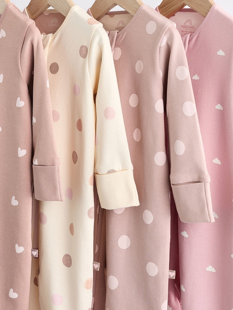 Brown & Pink 4-Pack Two-Way Zip Cotton Baby Sleepsuits