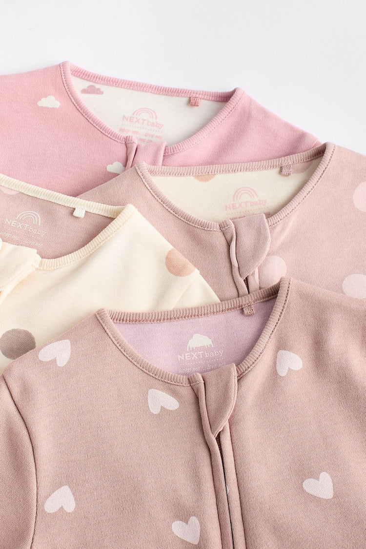 Brown & Pink 4-Pack Two-Way Zip Cotton Baby Sleepsuits