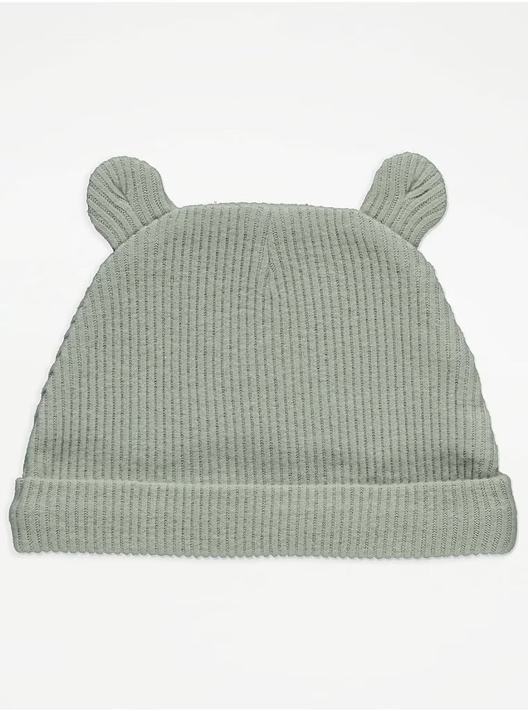 Green Ribbed Little Bear Baby Hat