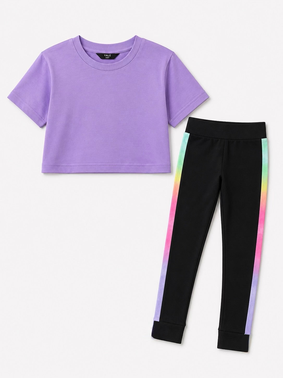 George Girls 2-Piece Active Set – Purple T-Shirt & Rainbow Stripe Leggings