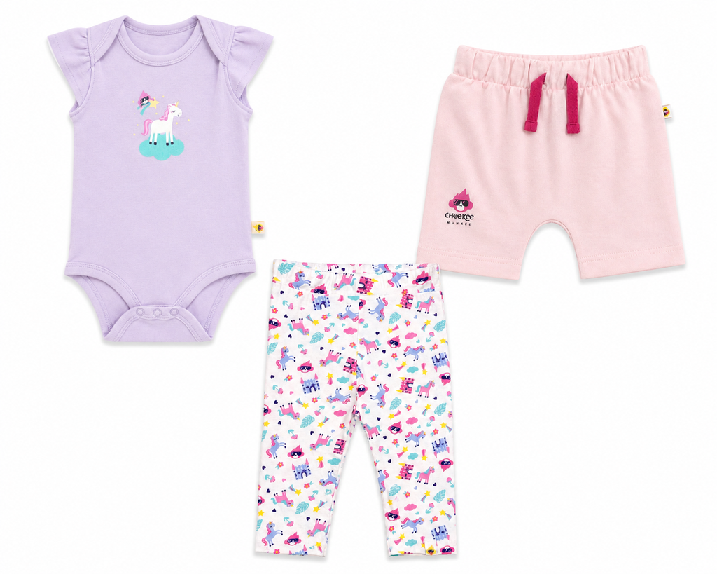 Cheekee Munkee 3-Piece Baby Girl Set – Unicorn Bodysuit, Printed Leggings & Shorts