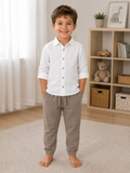 LC Waikiki Boys Smart Shirt & Jogger Set – White & Taupe – 5–6 Years