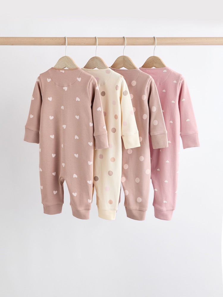 Brown & Pink 4-Pack Two-Way Zip Cotton Baby Sleepsuits