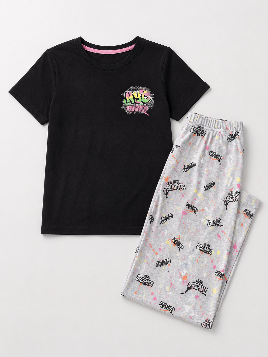 Primark Girls Pyjama Set – Black & Grey Print