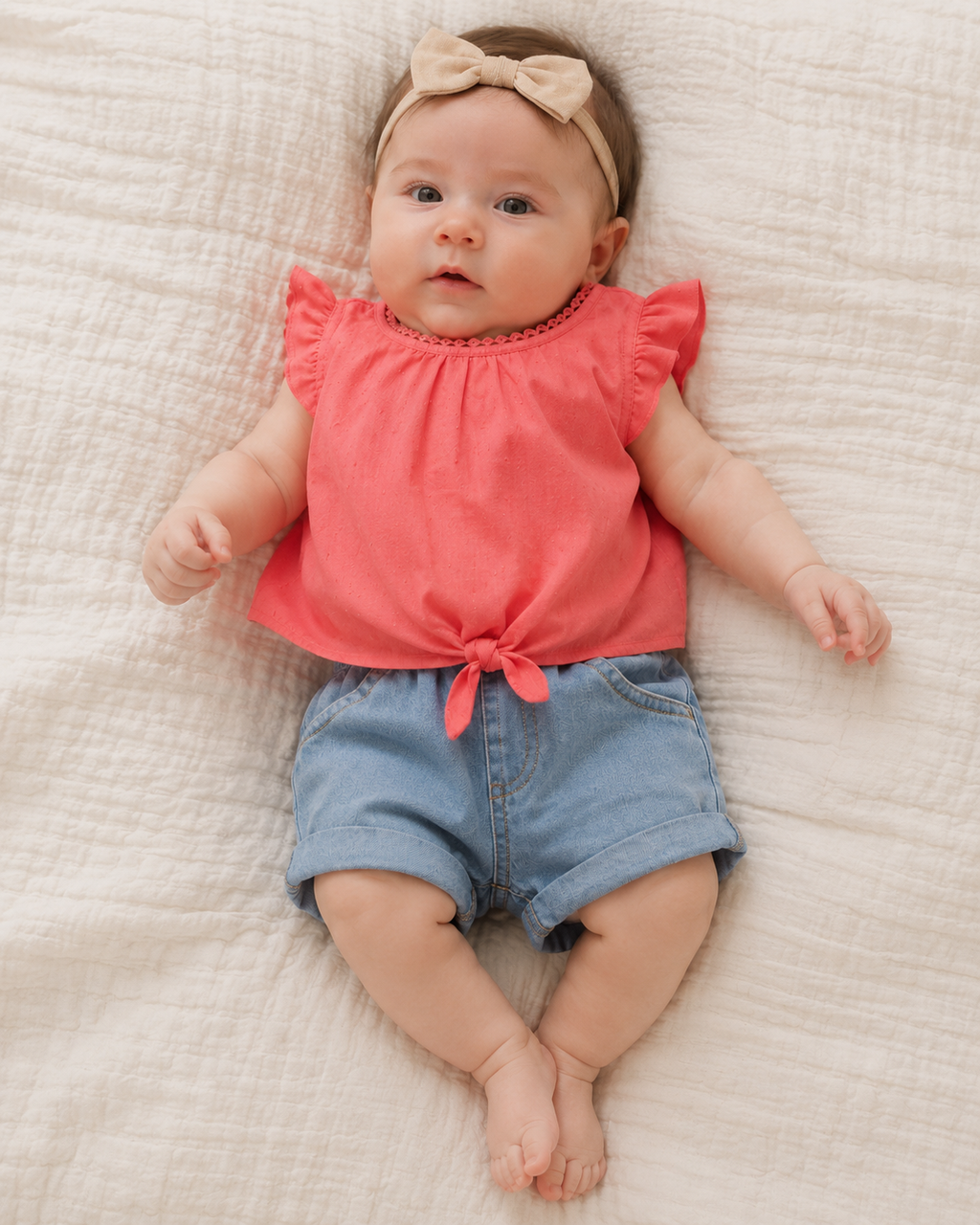 Baby Girl Coral Top & Denim Shorts Set