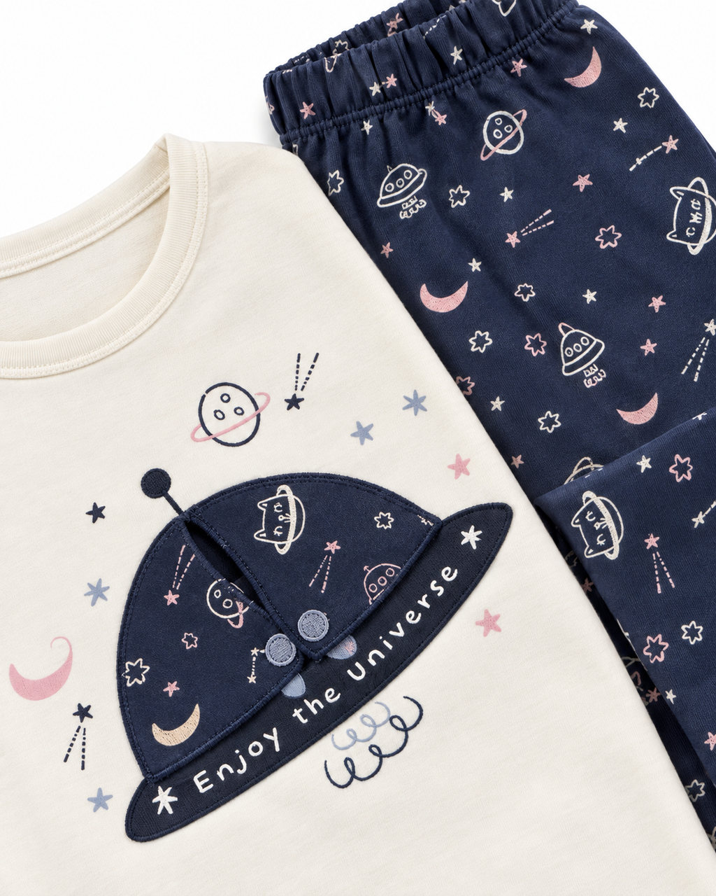 MO Kids Girls Space Print Pyjama Set – Navy & Cream