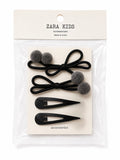 Zara Kids Pom Pom Hair Ties & Snap Clips Set – Black (4 Pieces)