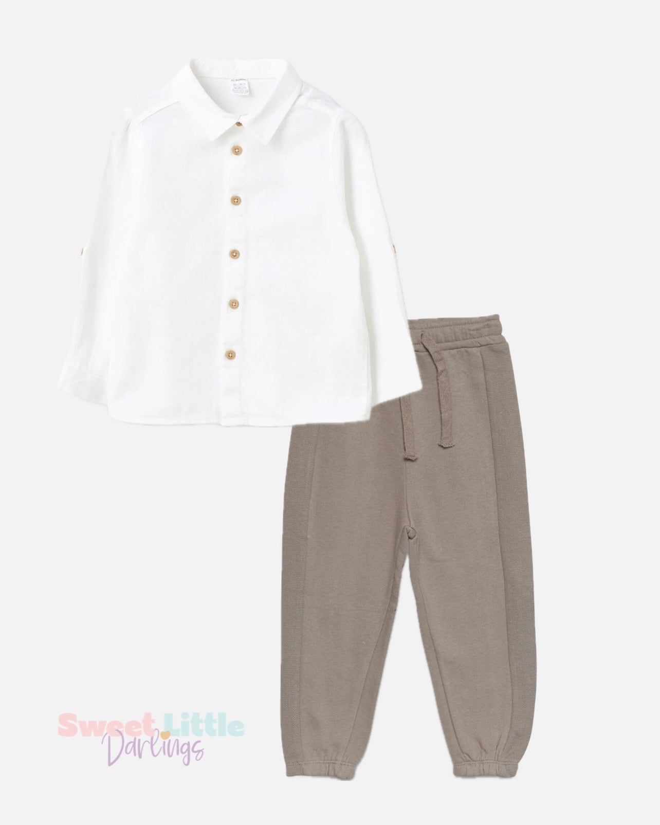 LC Waikiki Boys Smart Shirt & Jogger Set – White & Taupe – 5–6 Years