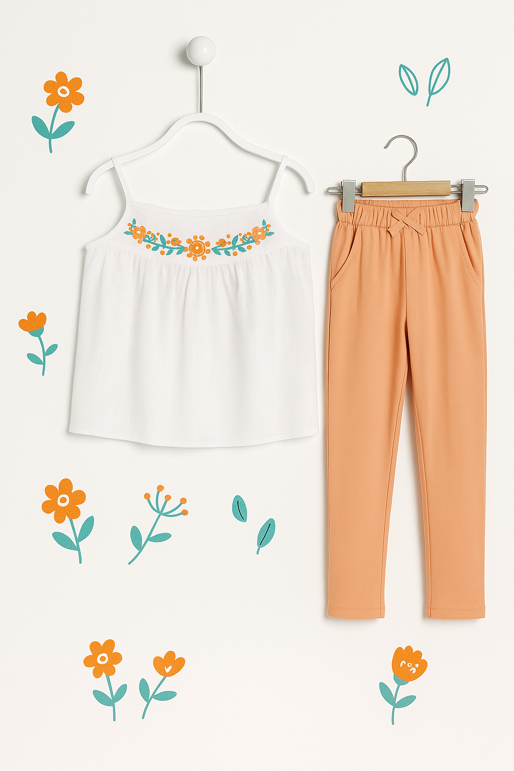 Girls Embroidered Strap Top & Peach Trousers Set