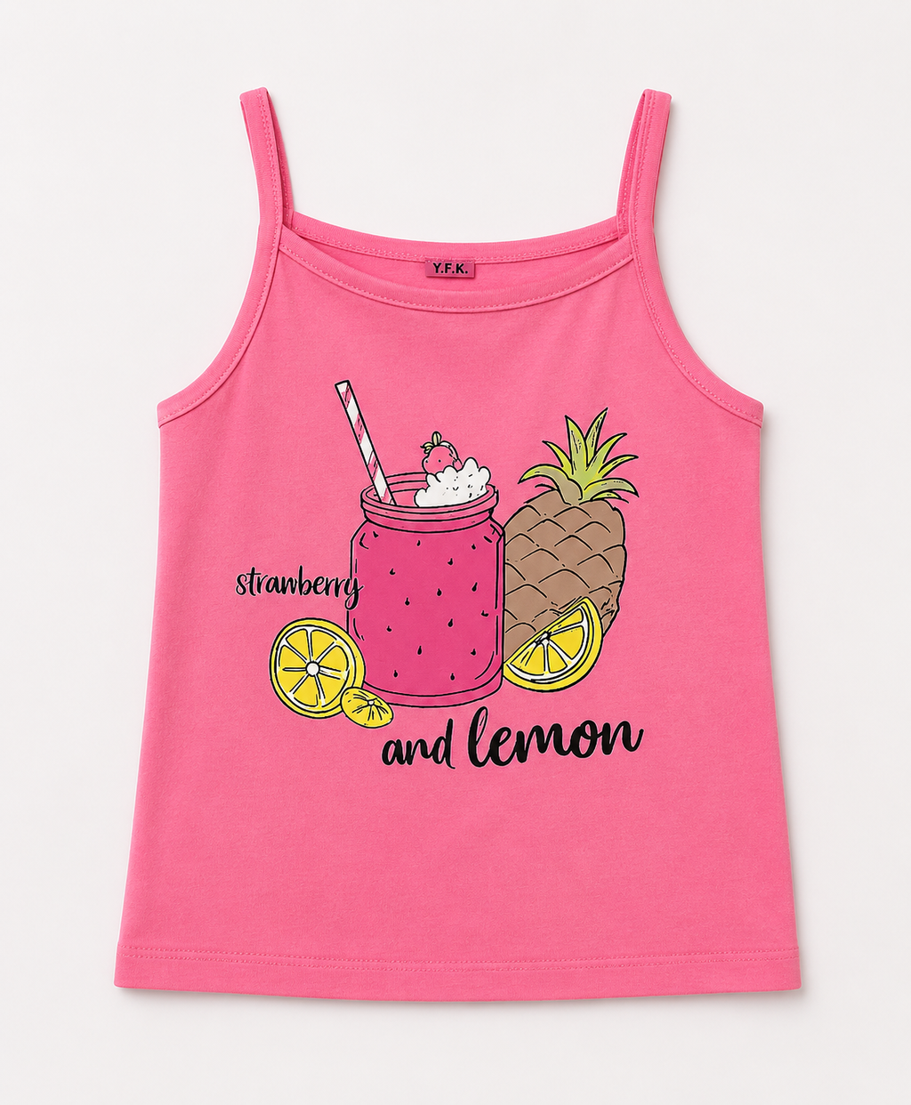 YFK Girls Pink Graphic Cami Top – Strawberry & Lemon