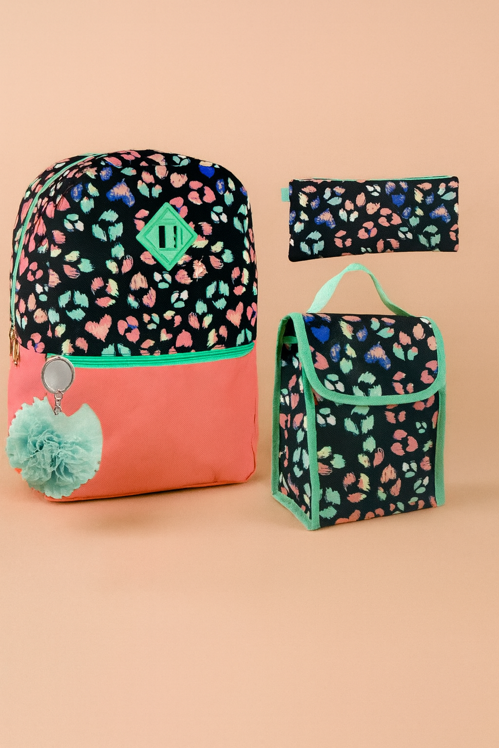 Girls Leopard Print Backpack Set – Black, Coral & Mint