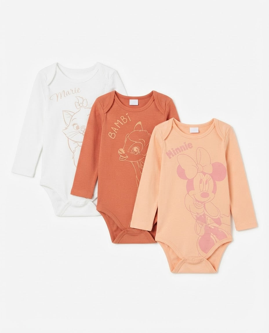 Gémo Disney Baby Girls’ 3-Pack Long-Sleeve Bodysuits – Marie, Bambi & Minnie