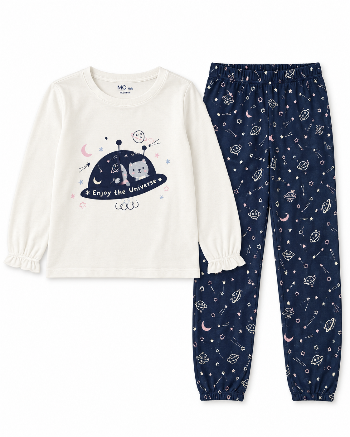 MO Kids Girls Space Print Pyjama Set – Navy & Cream