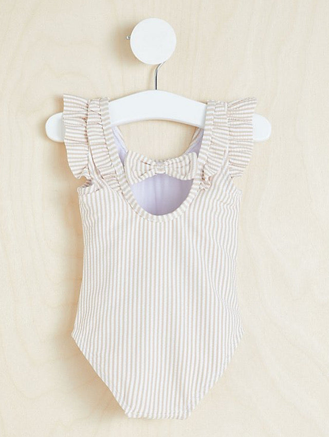 Billie Faiers Baby Frill Seersucker Swimsuit – Beige Stripe