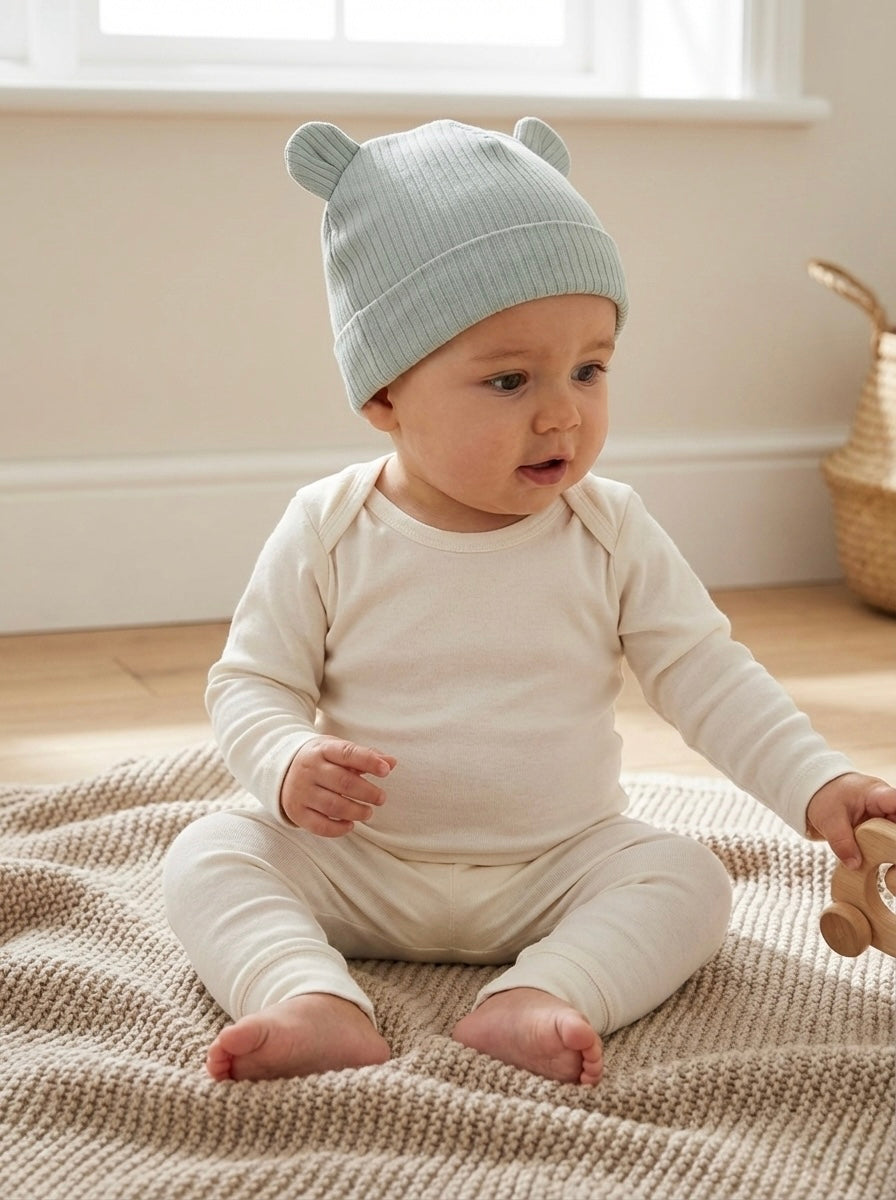 Light Blue Ribbed Baby Bear Hat