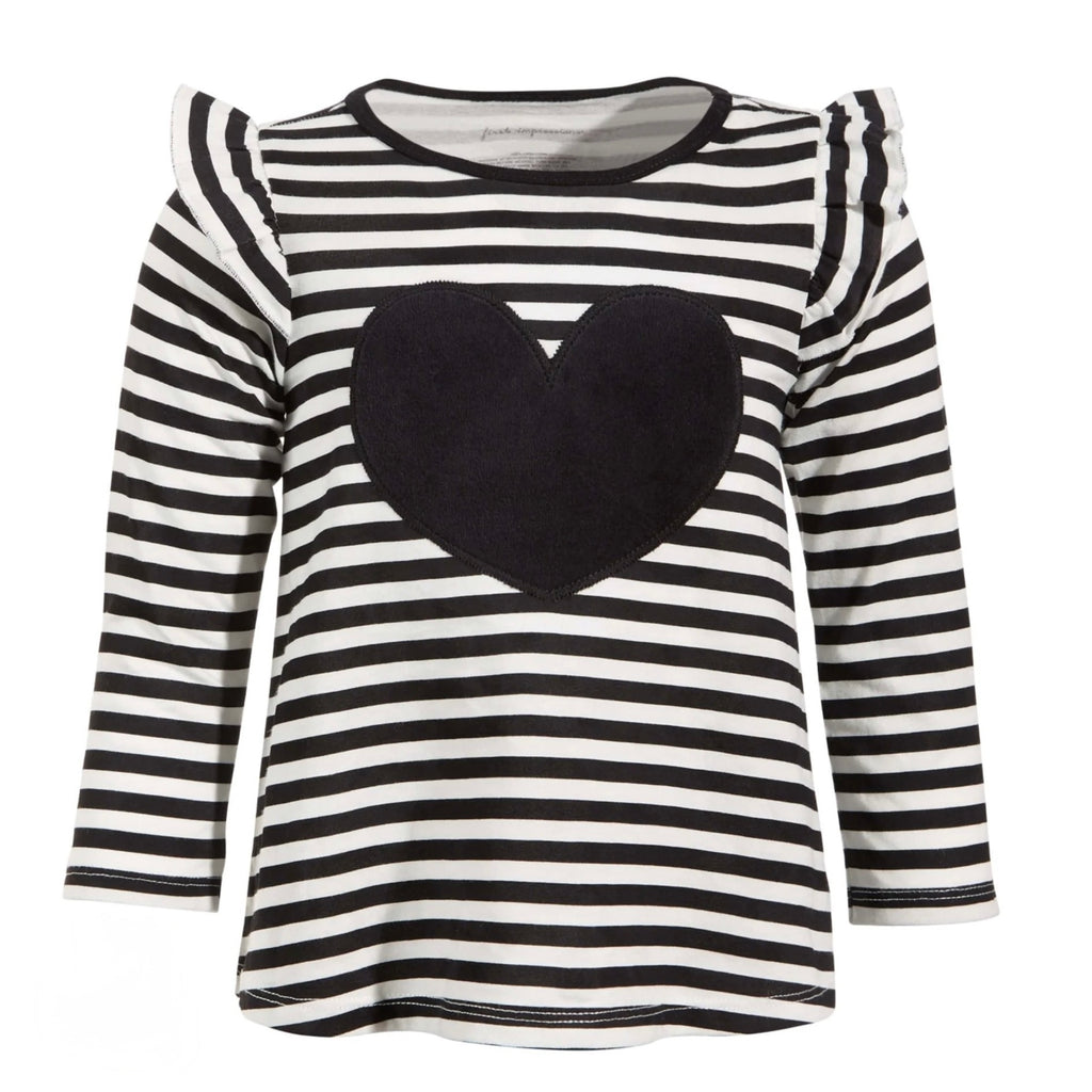 First Impressions Striped Top with Heart Appliqué – Black & White