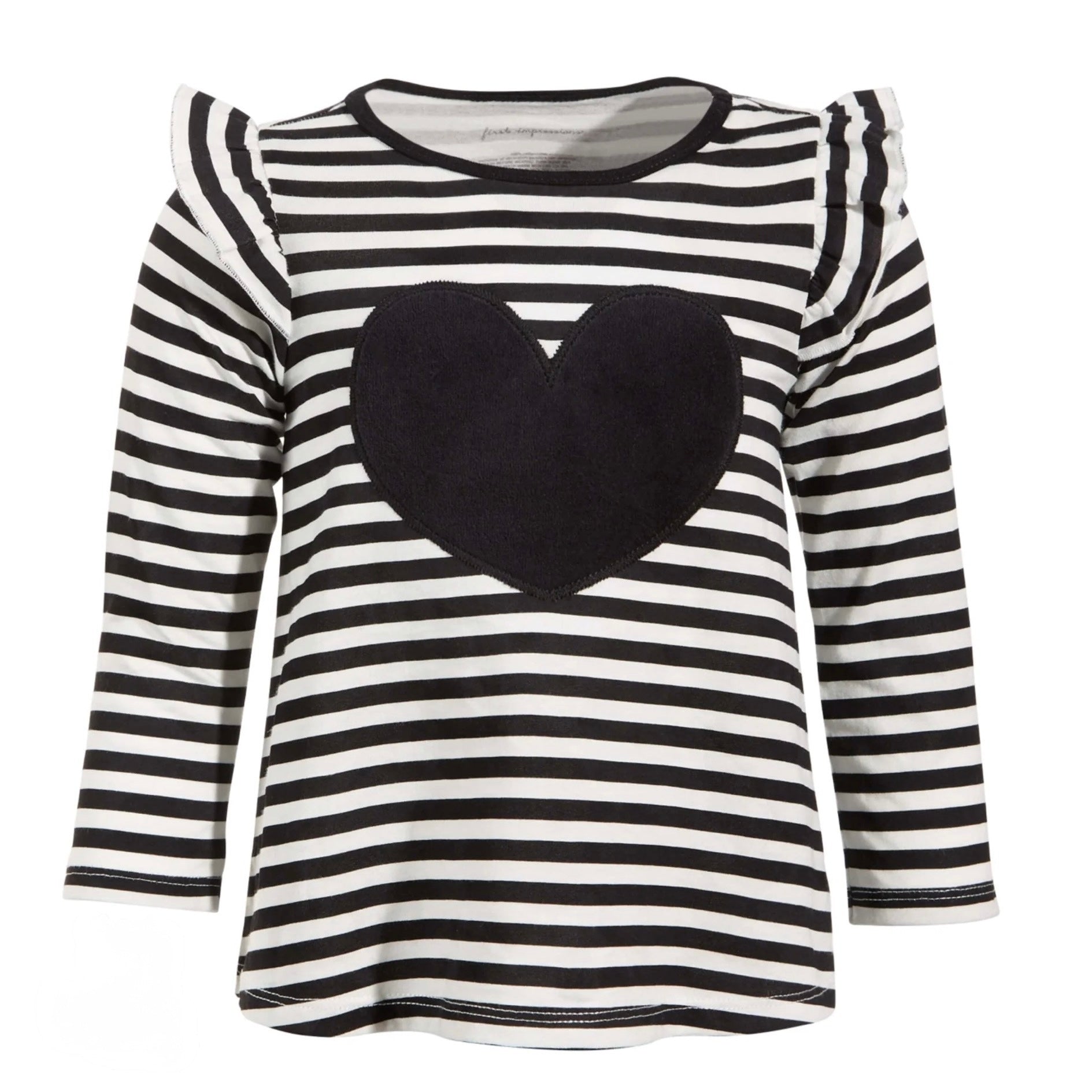 First Impressions Striped Top with Heart Appliqué – Black & White
