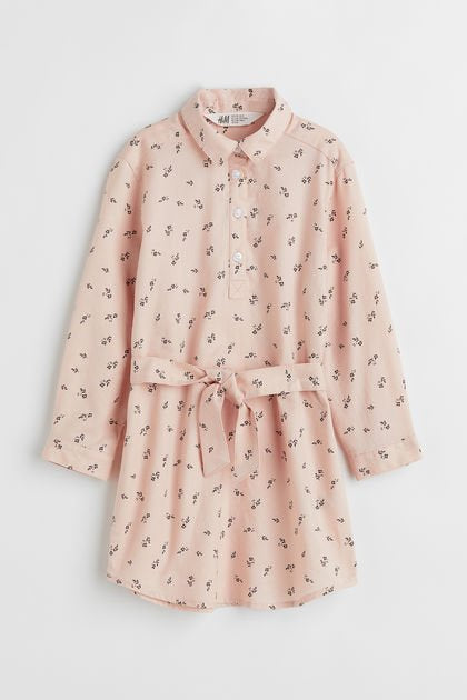 H&M Girls Blush Printed Shirt Dress with Waist Tie