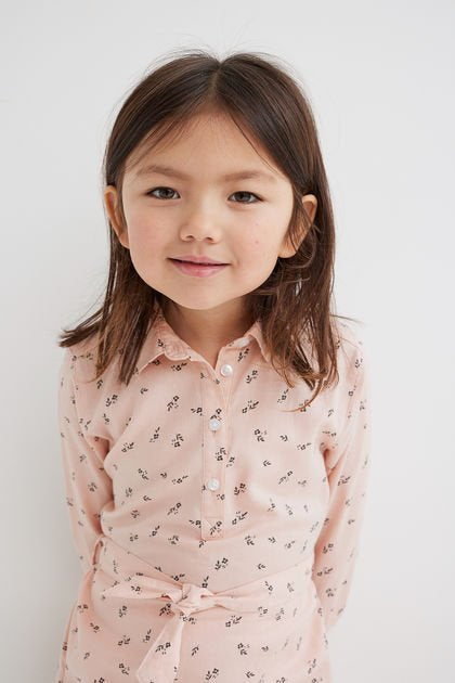 H&M Girls Blush Printed Shirt Dress with Waist Tie