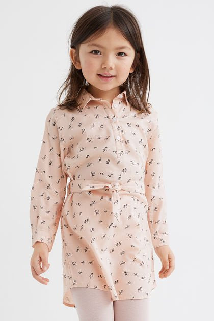 H&M Girls Blush Printed Shirt Dress with Waist Tie