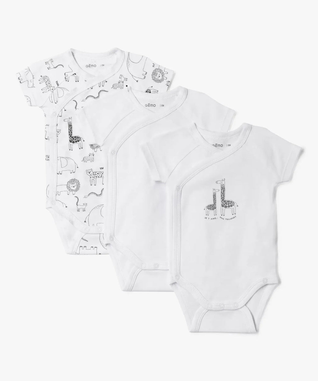 Baby Short Sleeve Cross-Over Bodysuits – 3 Pack Safari Set