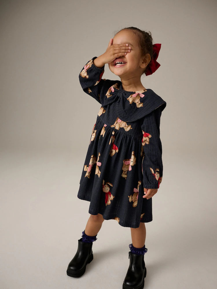Next Baby Teddy Bear Print Long Sleeve Dress – Navy