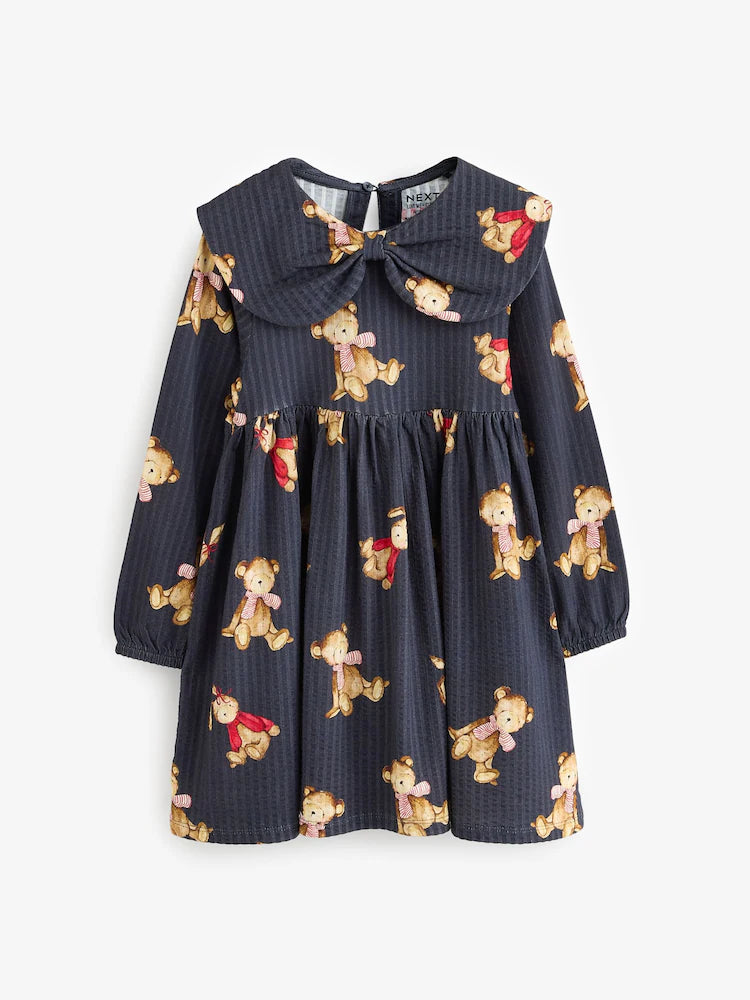 Next Baby Teddy Bear Print Long Sleeve Dress – Navy