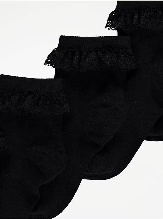 George Girls Frill Trim Ankle Socks – 3 Pack | Black
