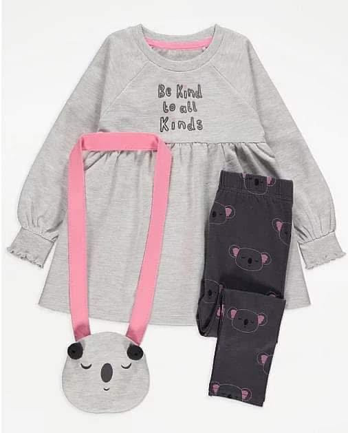 Girls Dress & Leggings Set with Mini Bag – Grey & Pink