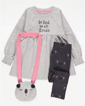 Girls Dress & Leggings Set with Mini Bag – Grey & Pink