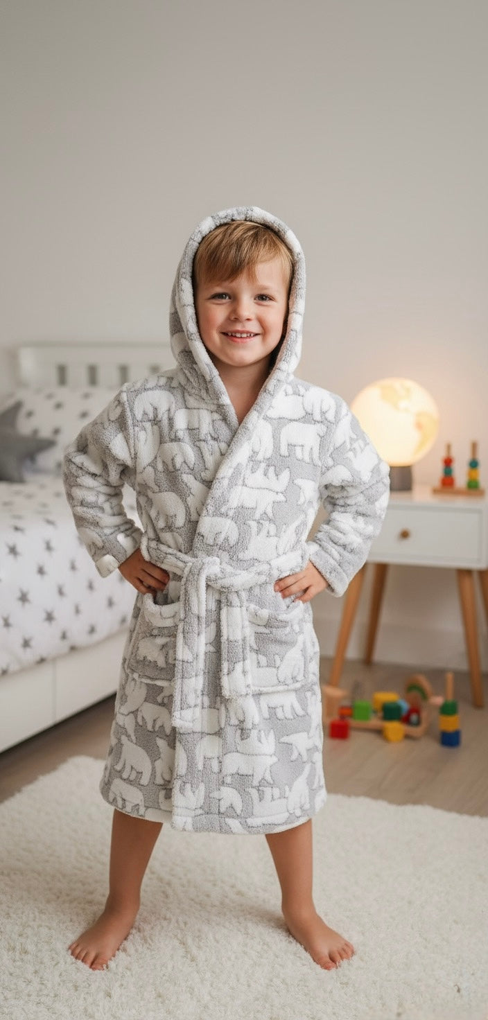 George Polar Bear Print Hooded Dressing Gown – Grey