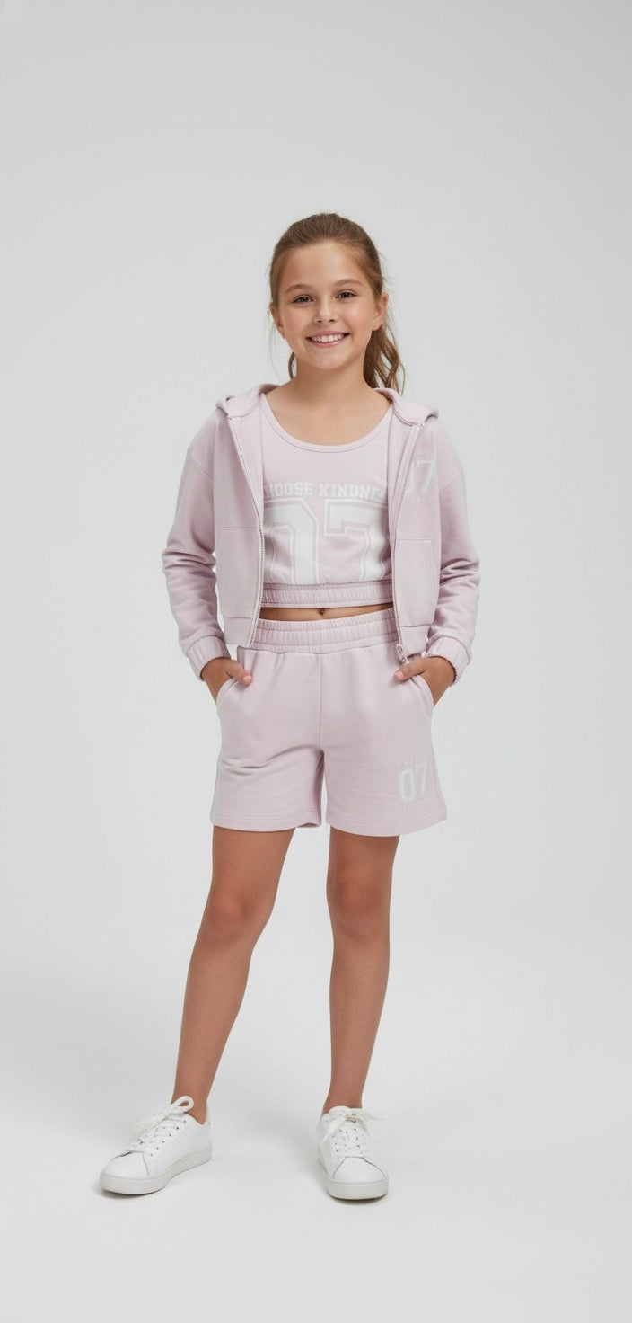 Girls 3-Piece Hoodie, Top & Shorts Set – Pink