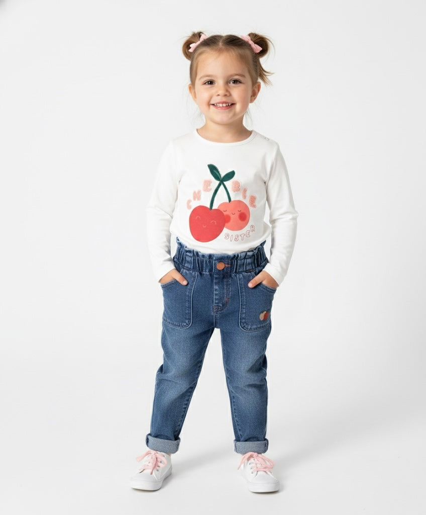 Cherry Print Top & Denim Pants Set for Girls
