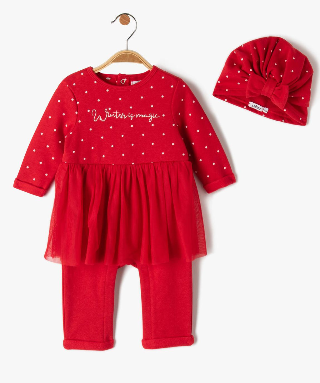 Gémo Winter Is Magic red baby romper with tutu and bow hat