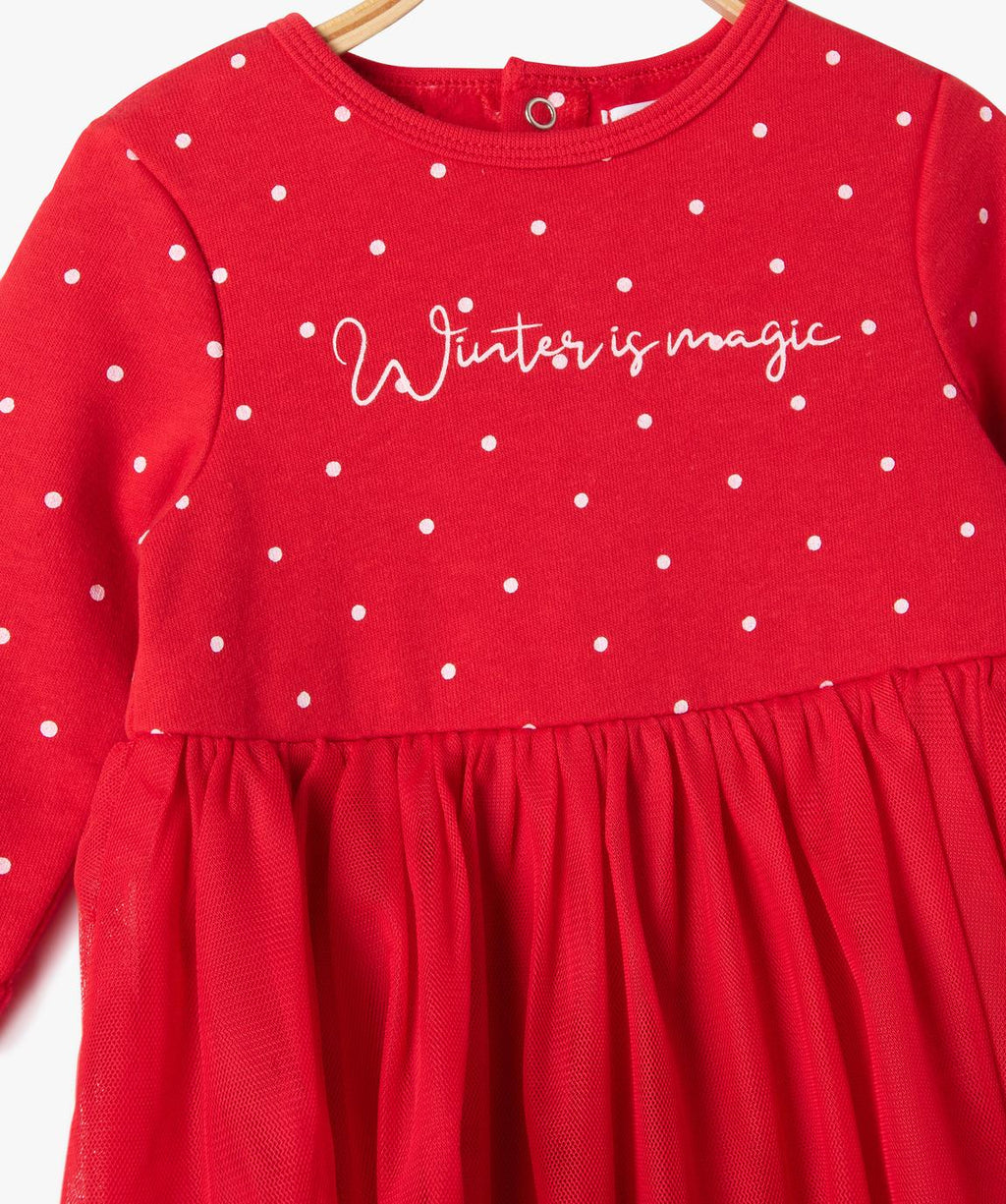 Red polka dot winter baby romper detail