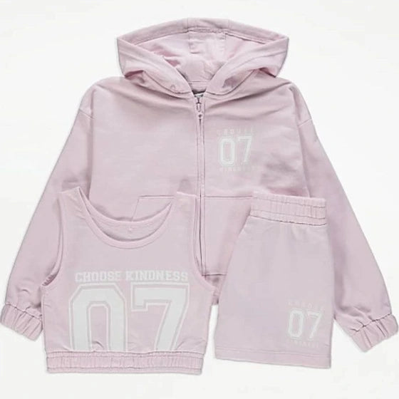 Girls 3-Piece Hoodie, Top & Shorts Set – Pink