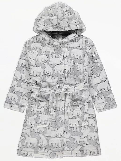 George Polar Bear Print Hooded Dressing Gown – Grey