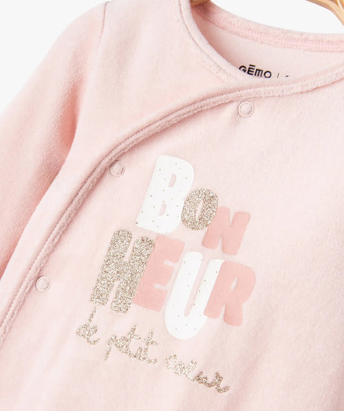 Pink velour pyjamas with glittery lettering for baby girl