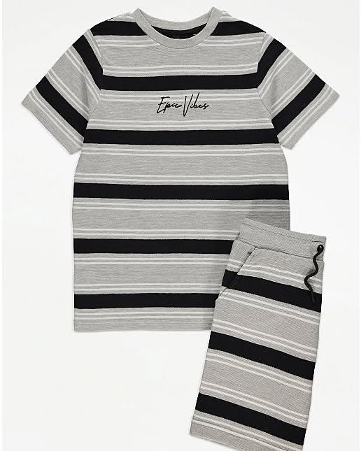 George Kids Striped T-Shirt & Shorts Set – Grey & Black