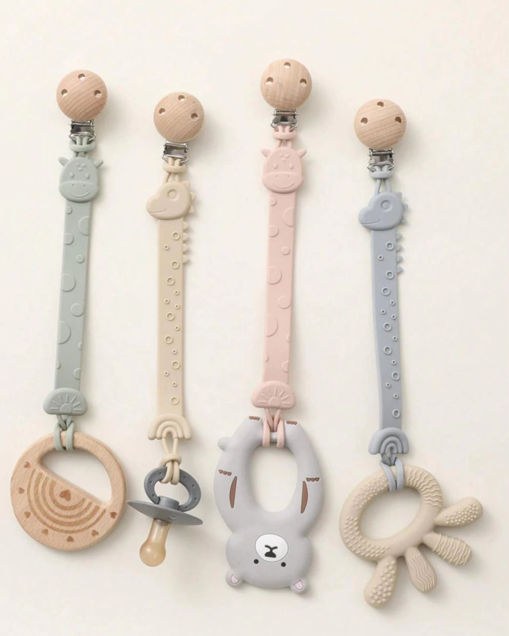 Silicone Pacifier Holder Clip with Wooden Clip – Cute Animal Design