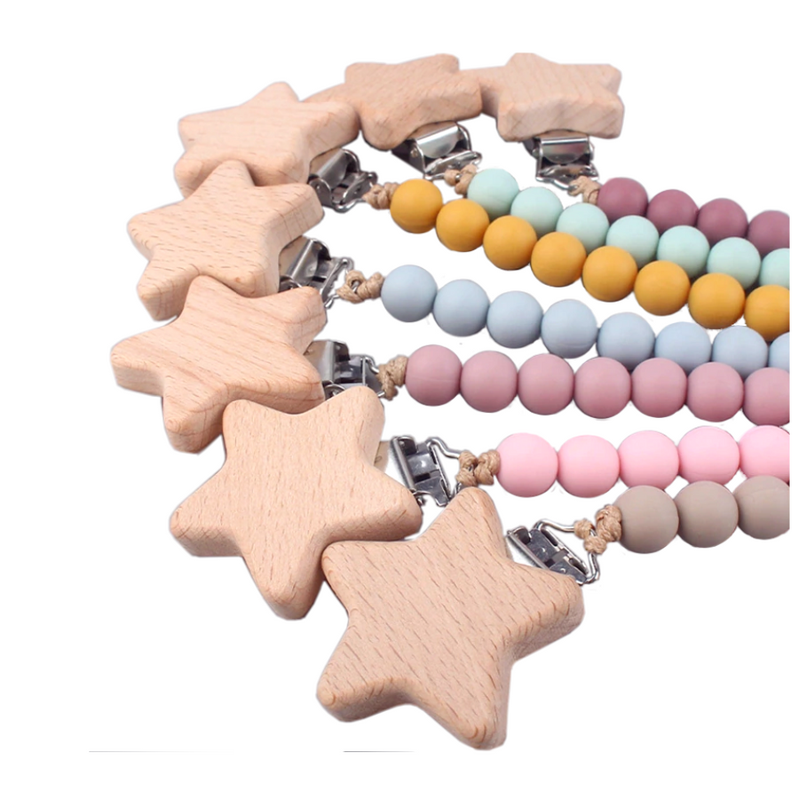 Baby Pacifier Clip – Wooden Star with Silicone Beads