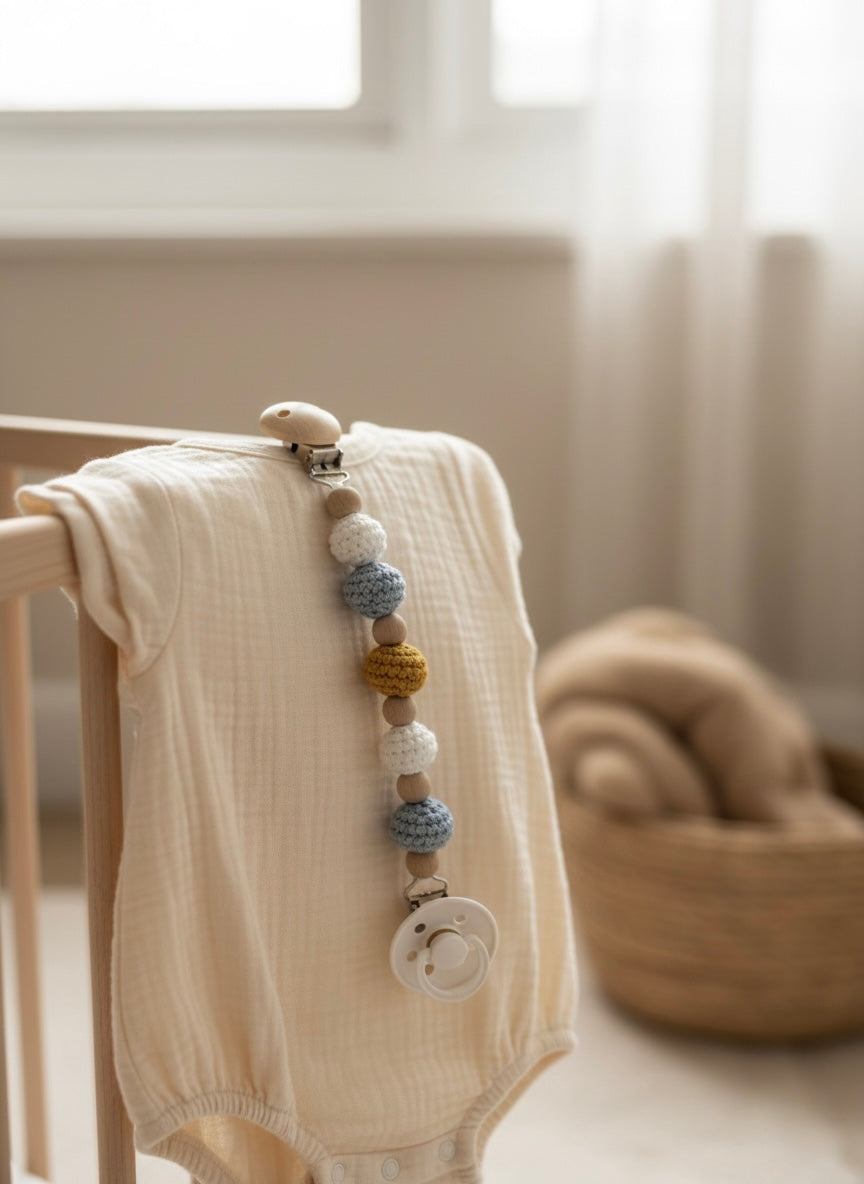 Handmade Crochet Pacifier Clip with Wooden Beads