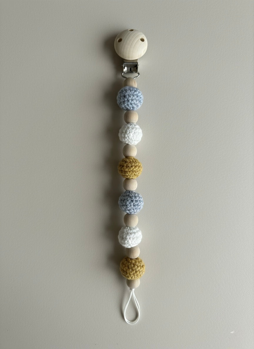 Handmade Crochet Pacifier Clip with Wooden Beads