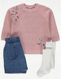 George Girls Floral Knit Sweater Set with Denim Skirt & Tights – 3 Piece Outfit