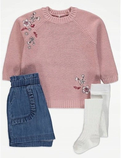 George Girls Floral Knit Sweater Set with Denim Skirt & Tights – 3 Piece Outfit