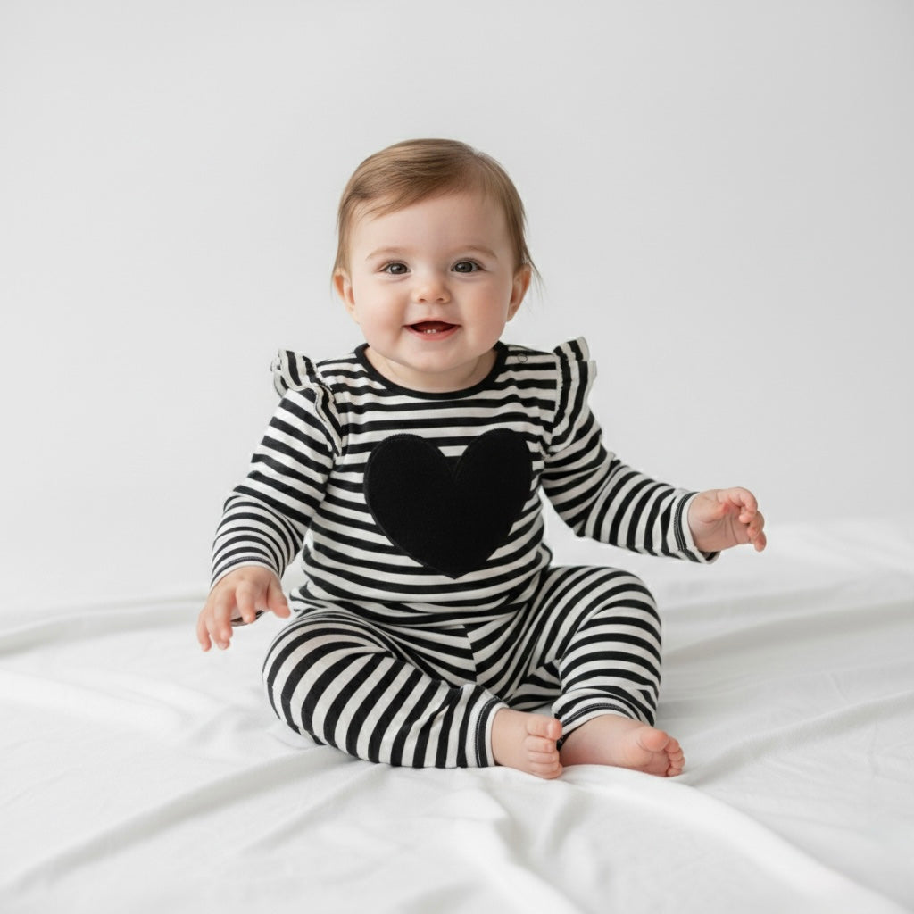 First Impressions Striped Top with Heart Appliqué – Black & White
