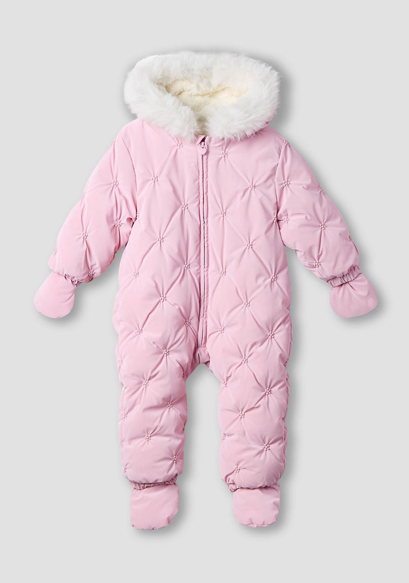Pink Hooded Quilted Snowsuit with Faux Fur Trim